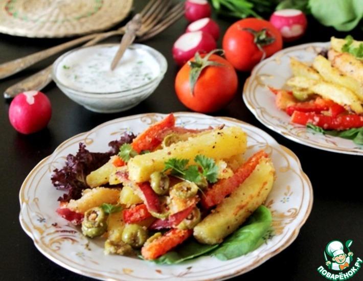 Рецепт: Запеченный картофель с яблоками и оливками
