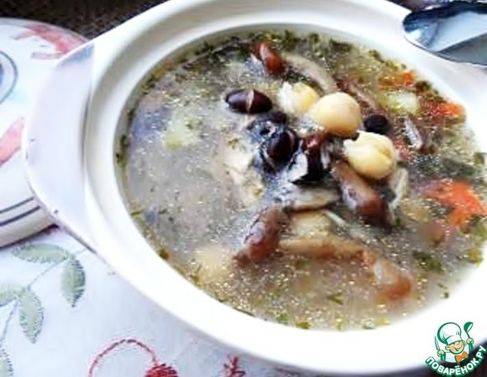 Рецепт: Куриный грибной суп с фасолью и нутом