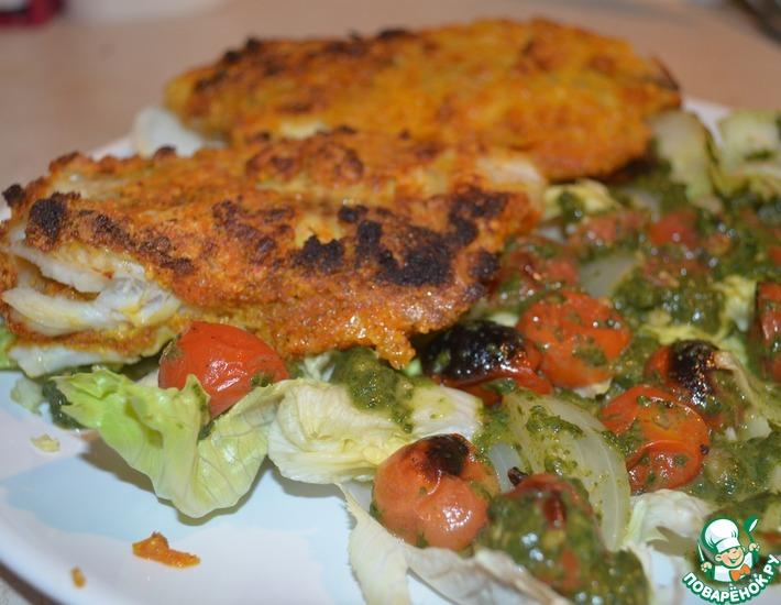 Рецепт: Рыба в панировке с теплым салатом из помидоров