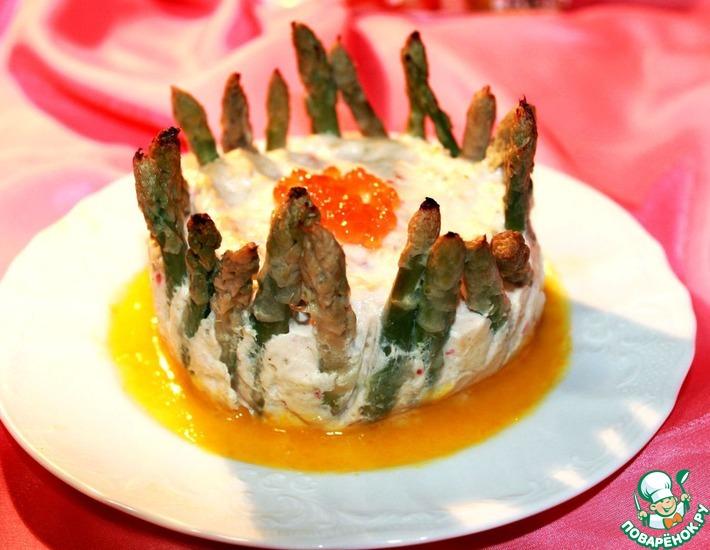 Рецепт: Суфле из лосося и крабовых палочек со спаржей и с апельсиновым соусом