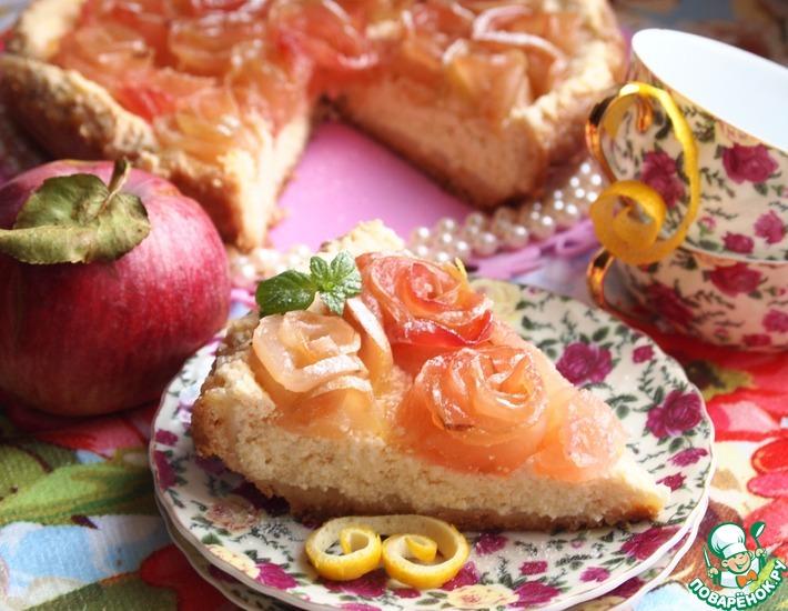 Рецепт: Творожно-лимонный пирог с яблочными розочками