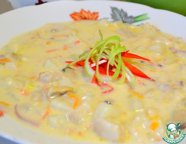 Рецепт: Густой сливочный суп из рыбного ассорти и морепродуктов