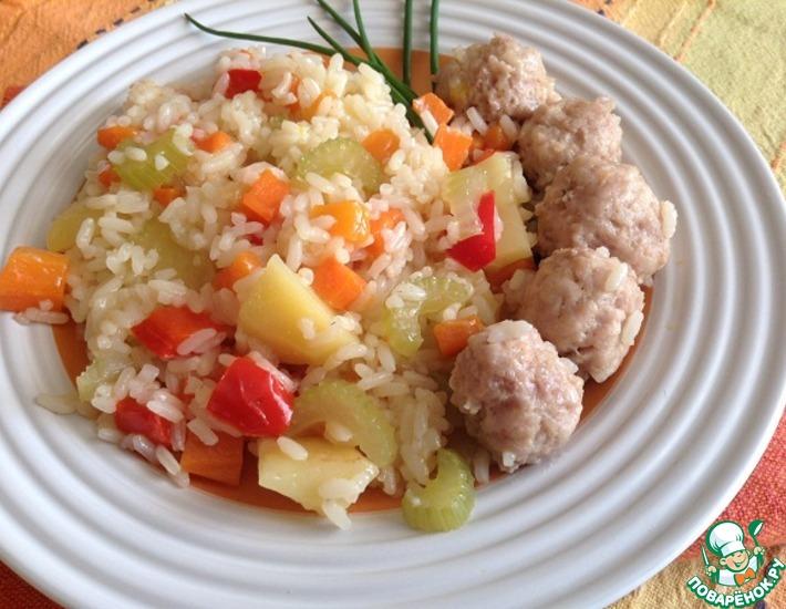 Рецепт: Ароматный рис с овощами и фрикадельками