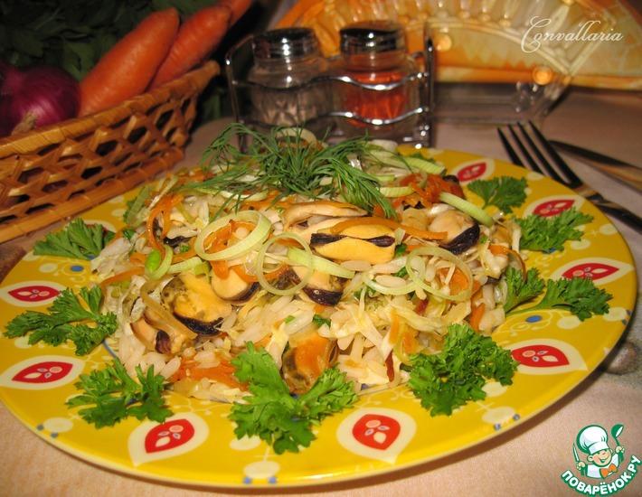 Рецепт: Теплый салат с мидиями и сезонными овощами