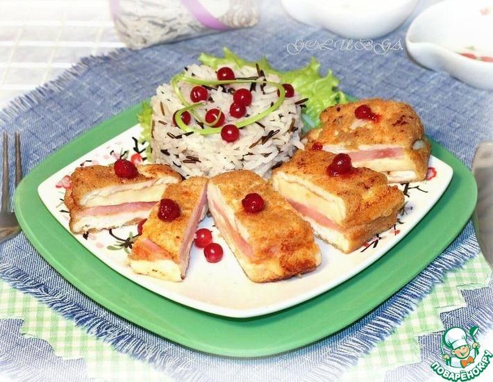 Рецепт: Курица с ветчиной, сыром и рисом