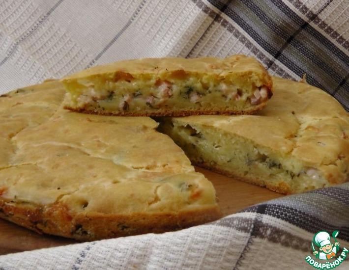 Рецепт: Заливной пирог с сыром, зеленью и грудинкой