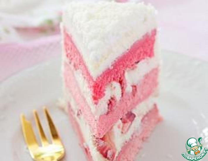 Рецепт: Розовый земляничный торт с домашним маскарпоне в СВЧ