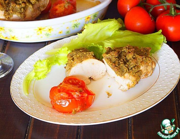 Рецепт: Куриное филе под хрустящей корочкой с помидорами