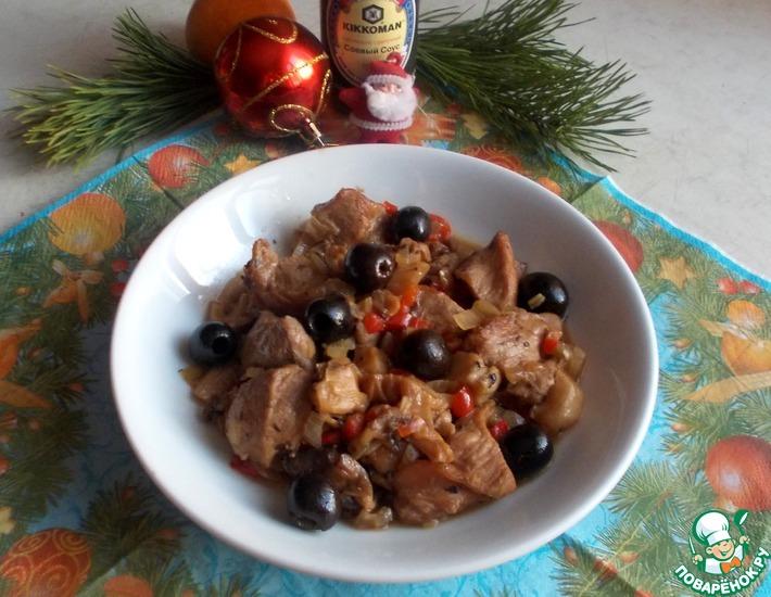 Рецепт: Свинина с маслинами и вешенками