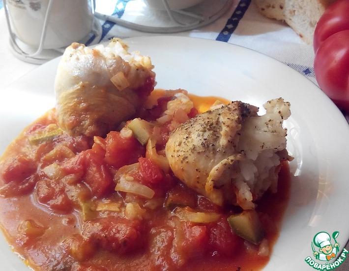 Рецепт: Куриные ножки, фаршированные рисом, с овощным соусом
