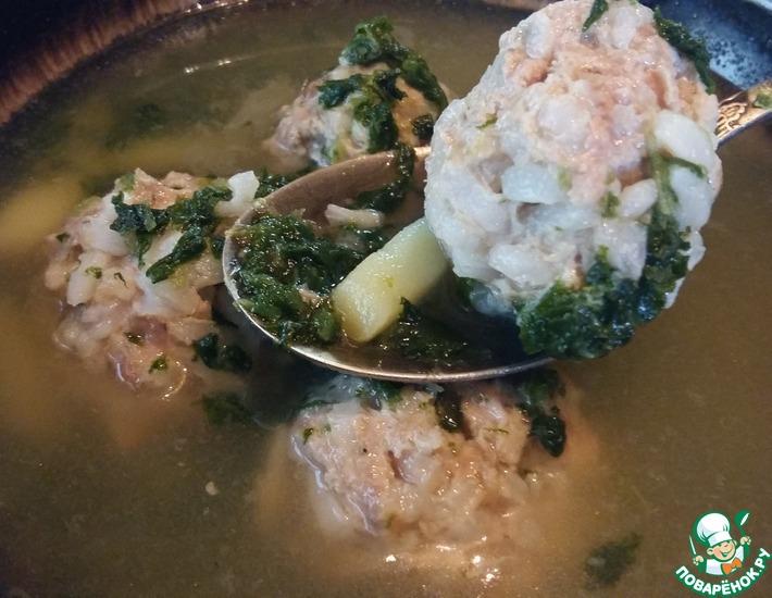 Рецепт: Шпинатно-щавелевый суп с фрикадельками