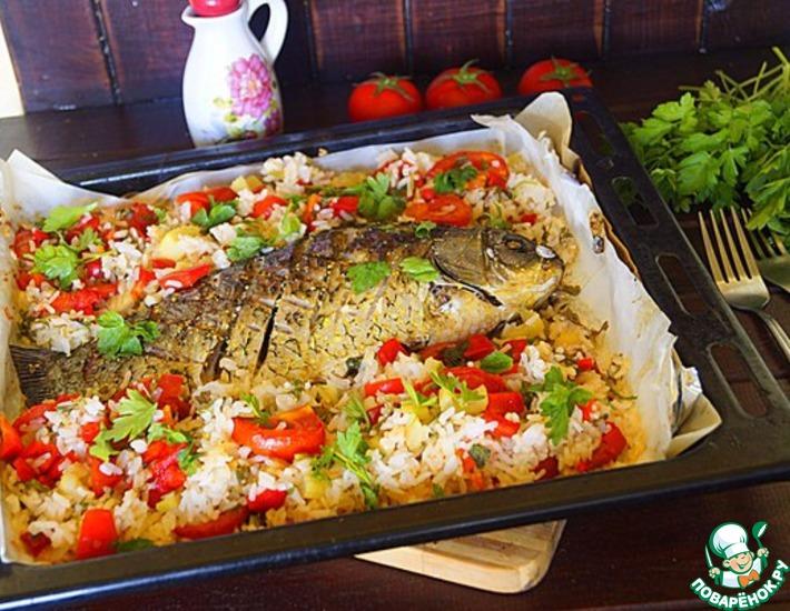 Рецепт: Рыба, запеченная с рисом и овощами