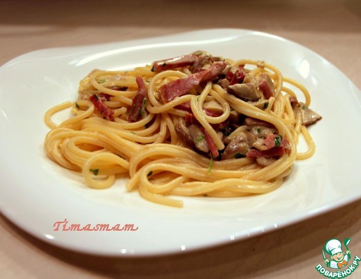 Рецепт: Спагетти с пармской ветчиной и грибами