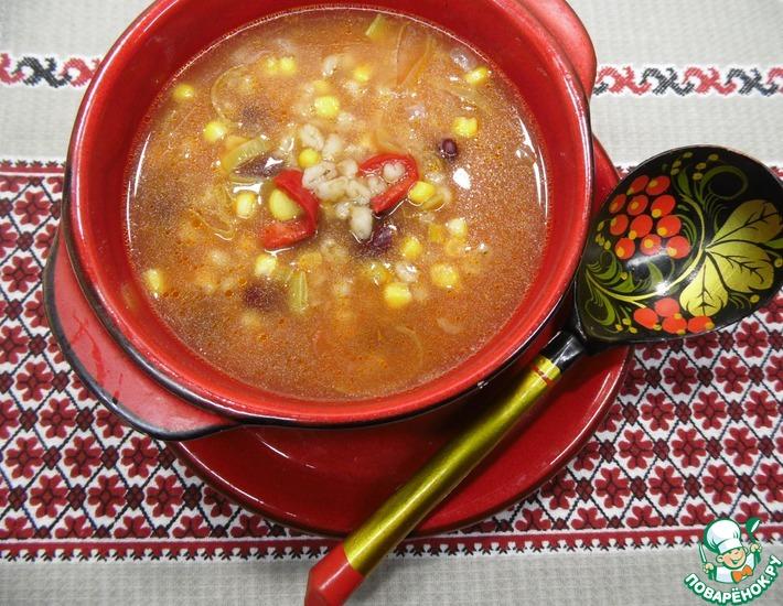 Рецепт: Суп с перловкой, фасолью и кукурузой