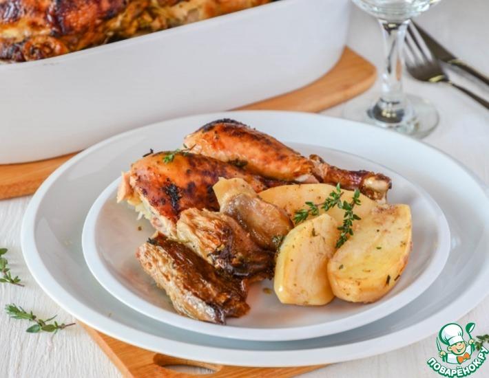 Рецепт: Курица, запеченная с картофелем и грибами