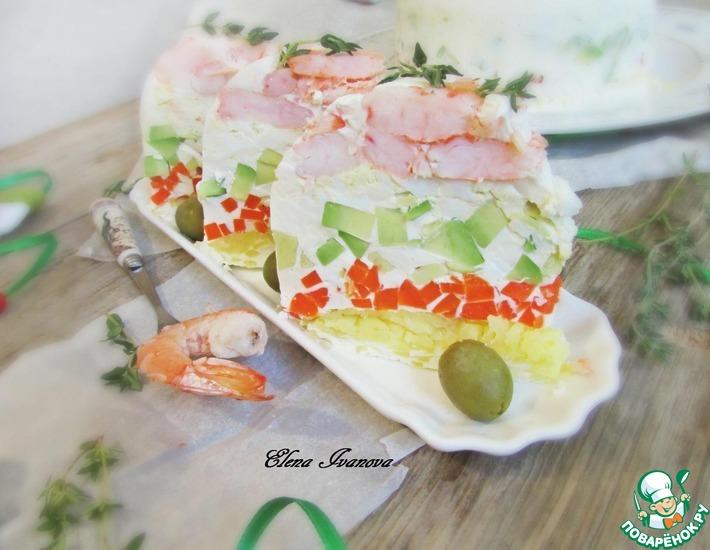 Рецепт: Заливной салат с креветками и авокадо