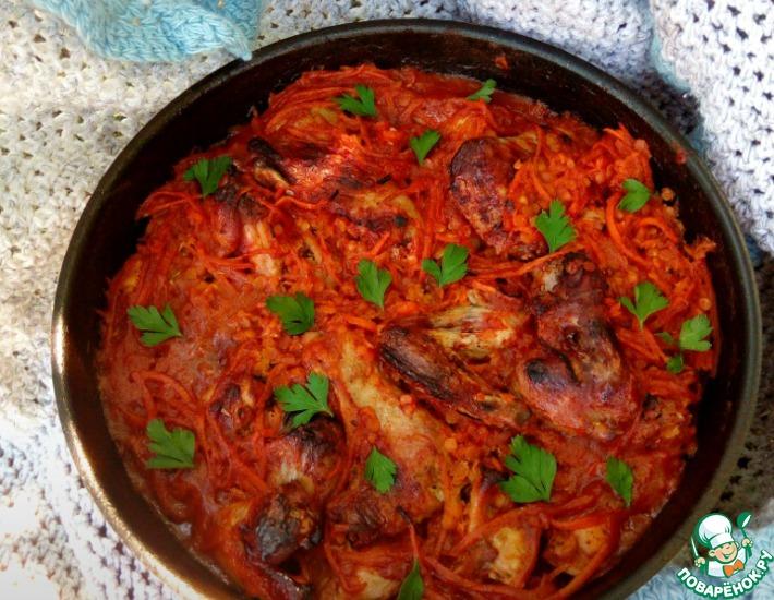 Рецепт: Крылышки с чечевицей в томатном соусе