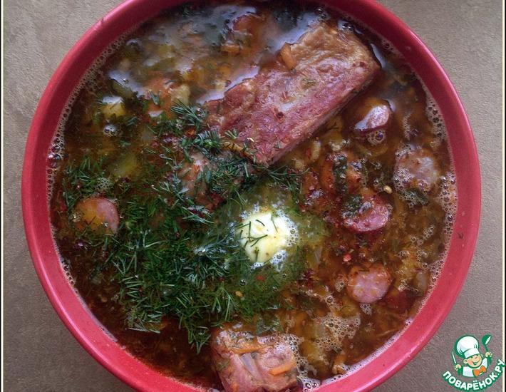 Рецепт: Гороховый суп с копчёностями и соленьями