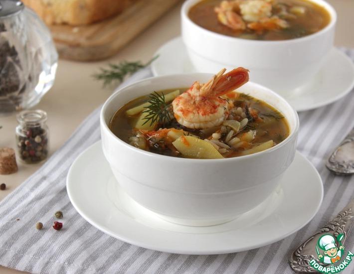 Рецепт: Суп с форелью и креветками