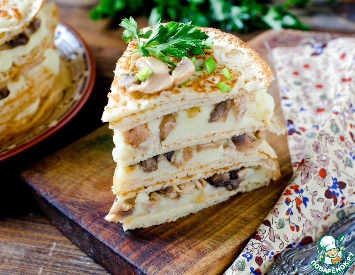 Рецепт: Блинный пирог с курицей и грибами