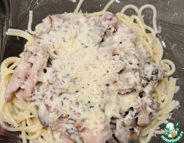 Рецепт: Спагетти с курицей, ветчиной и грибами