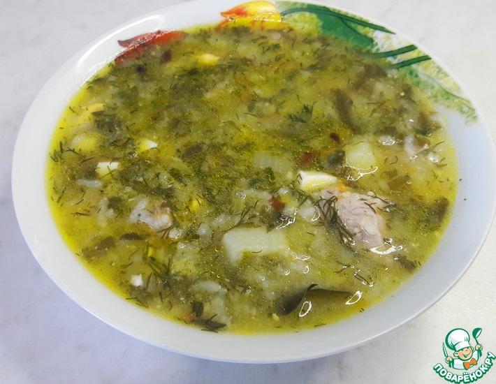 Рецепт: Зеленый борщ с щавелем, яйцами и рисом