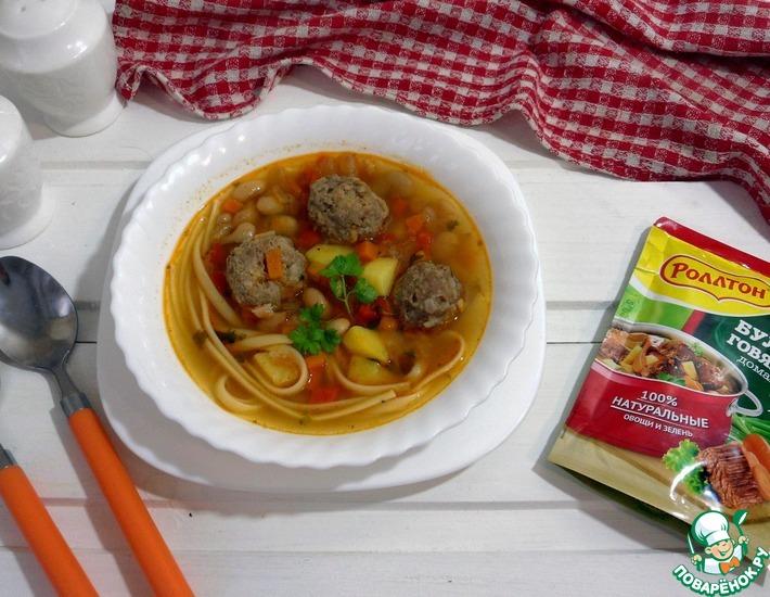 Рецепт: Суп с фрикадельками, фасолью и лапшой