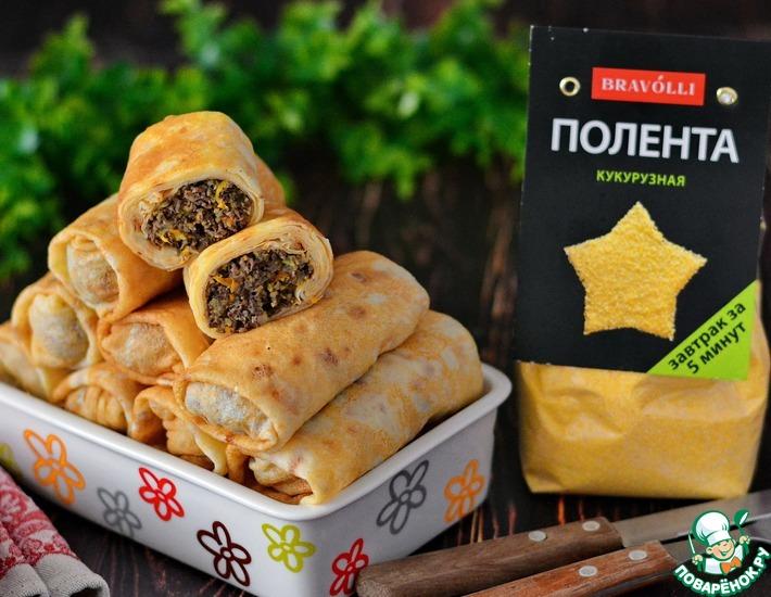 Рецепт: Блинчики, фаршированные лёгким и кукурузной полентой