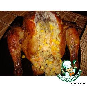 Рецепт: Курица, фаршированная рисом, кукурузой и креветками