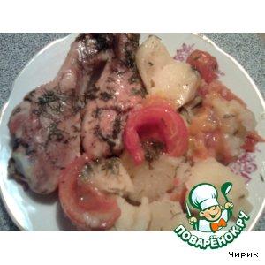 Рецепт: Румяные куриные ножки с картофелем и помидорами