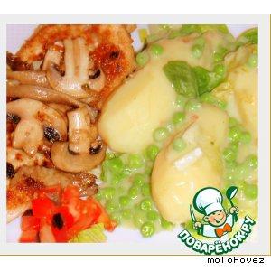 Рецепт: Зелeный горошек по-французски с картофелем и салатом