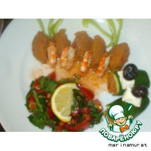 Рецепт: Креветки с баклажановой икрой и салатом из помидоров и мяты