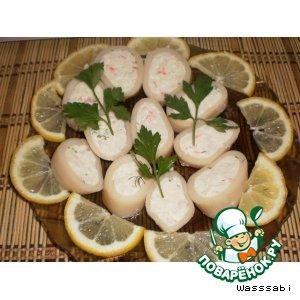 Рецепт: Кальмары, фаршированные крабовым мясом с желейной заливкой