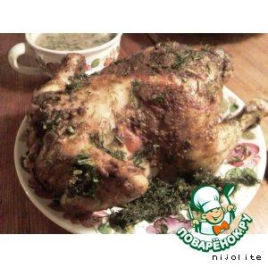 Рецепт: Курица, фаршированная гречневыми хлопьями с грибами