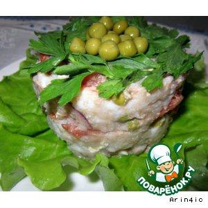 Рецепт: Салат из печени трески, с овощами и рисом